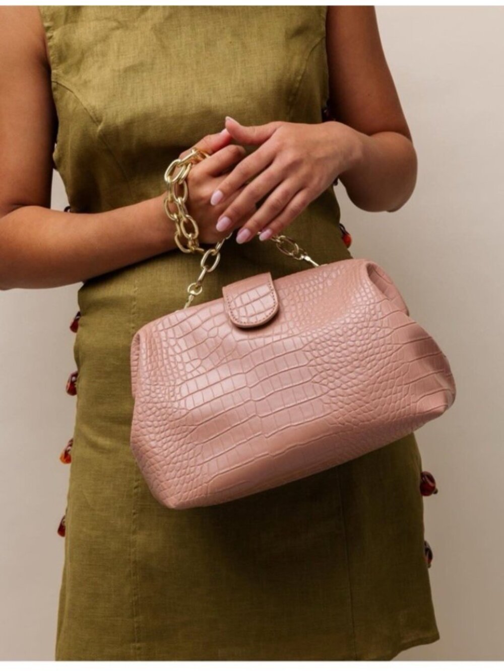 Jules Kae “Sophia” Blush Croc-Embossed Top Handle Clutch / Shoulder Bag